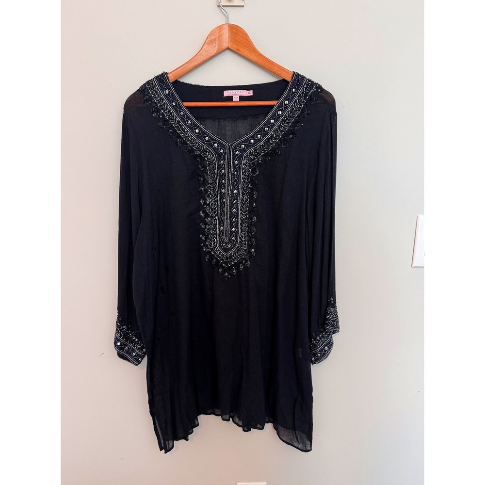 CALYPSO ST. BARTH | Tunic Top Women XL Black Beaded Sequin Cotton Gauze Boho